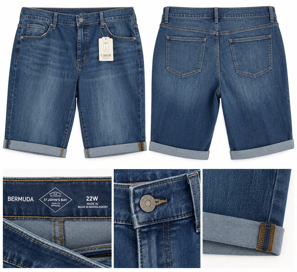 St. John’s Bay Bermuda Denim Shorts 22W Plus Size Cuffed Jean Shorts